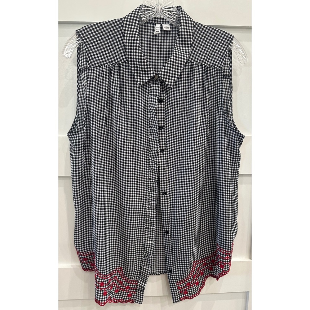 Elle Womens Black White Gingham Sleeveless Button Down Red Eyelet Hem Top Large